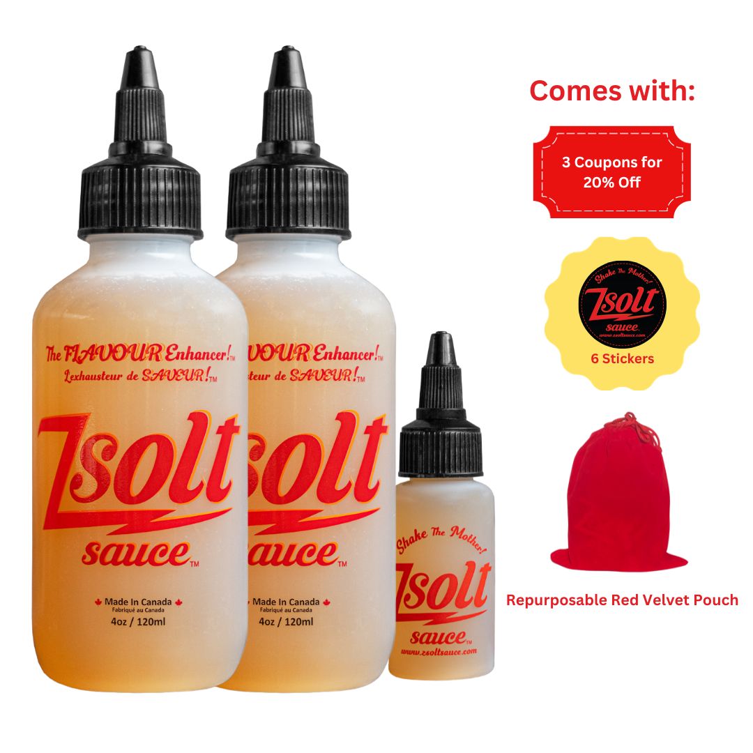 2+1 Zsolt Sauce Bundle (2x 120ml Bottles Plus Bonus 30ml Travel Bottle, Velvet Bag, 3x20% Off Promo Cards, 6 Stickers)